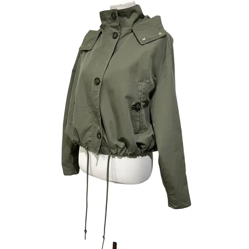Womens Cropped Utility Jacket Sz M Cargo Coat Hood Pockets Green Adjustable H&M - Picture 4 of 9